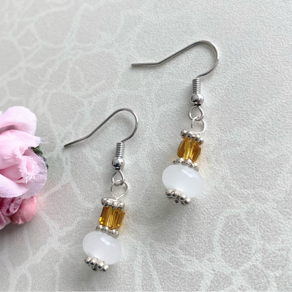 White and Amber Beaded Drop Earrings with Silver Accents